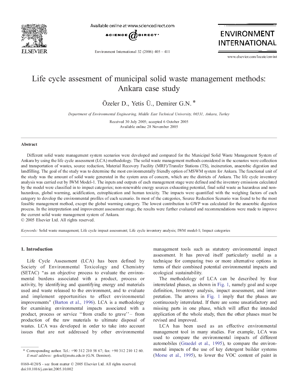 Life cycle assesment of municipal solid waste management methods: Ankara case study