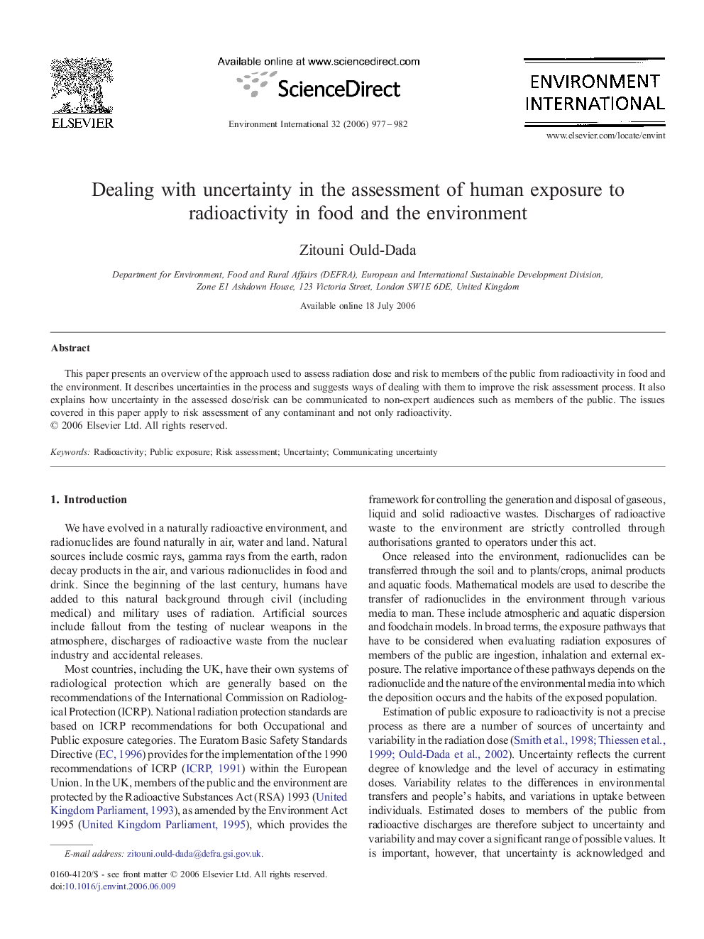 Dealing with uncertainty in the assessment of human exposure to radioactivity in food and the environment