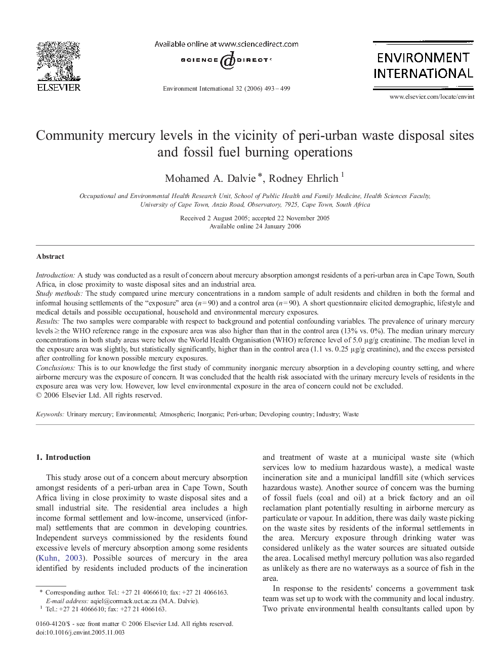 Community mercury levels in the vicinity of peri-urban waste disposal sites and fossil fuel burning operations