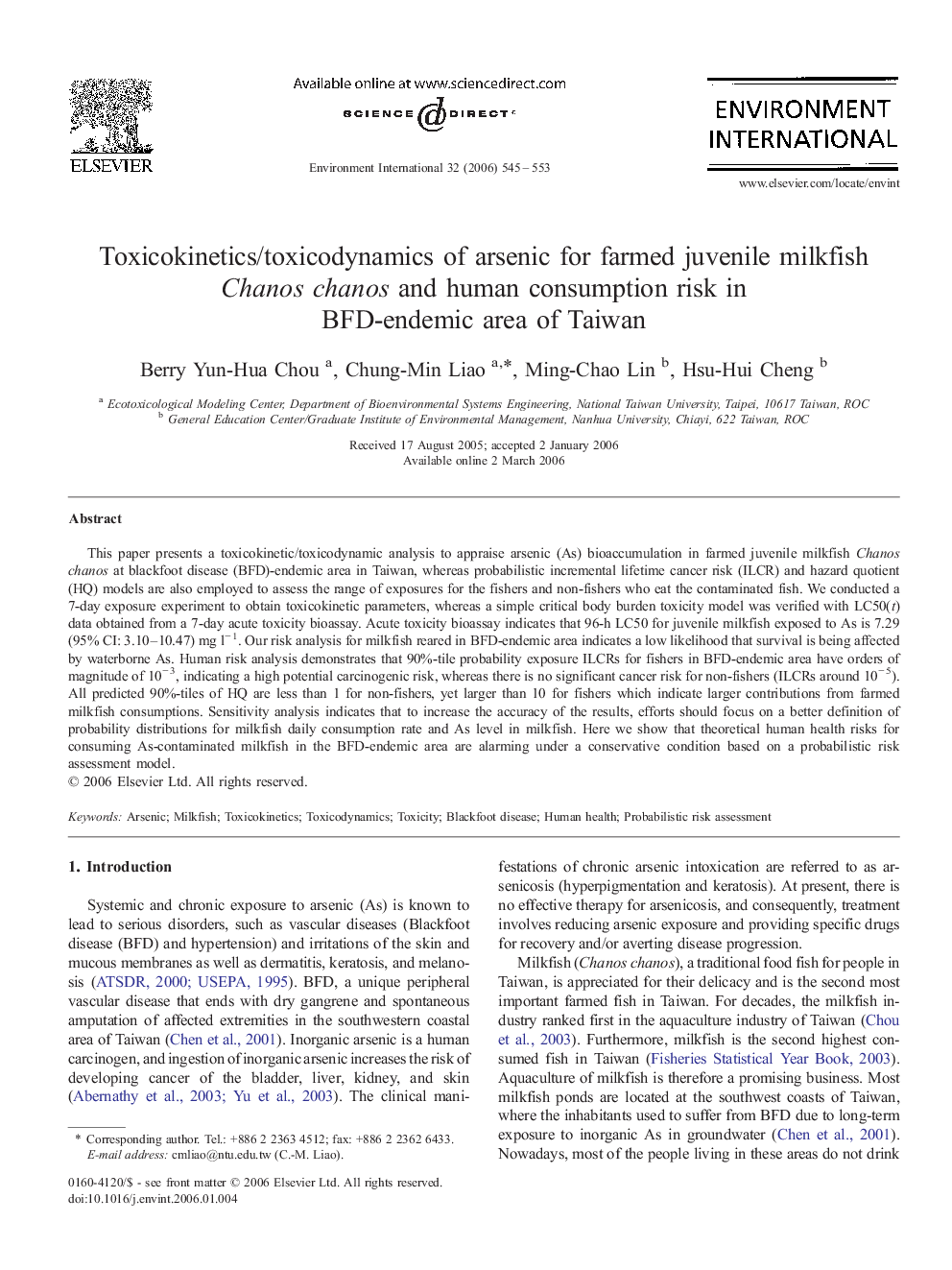 Toxicokinetics/toxicodynamics of arsenic for farmed juvenile milkfish Chanos chanos and human consumption risk in BFD-endemic area of Taiwan