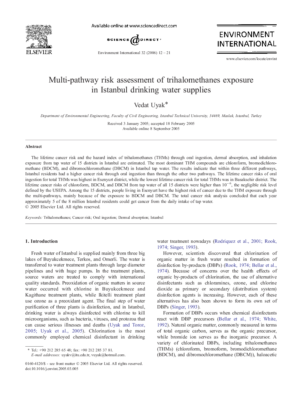 Multi-pathway risk assessment of trihalomethanes exposure in Istanbul drinking water supplies