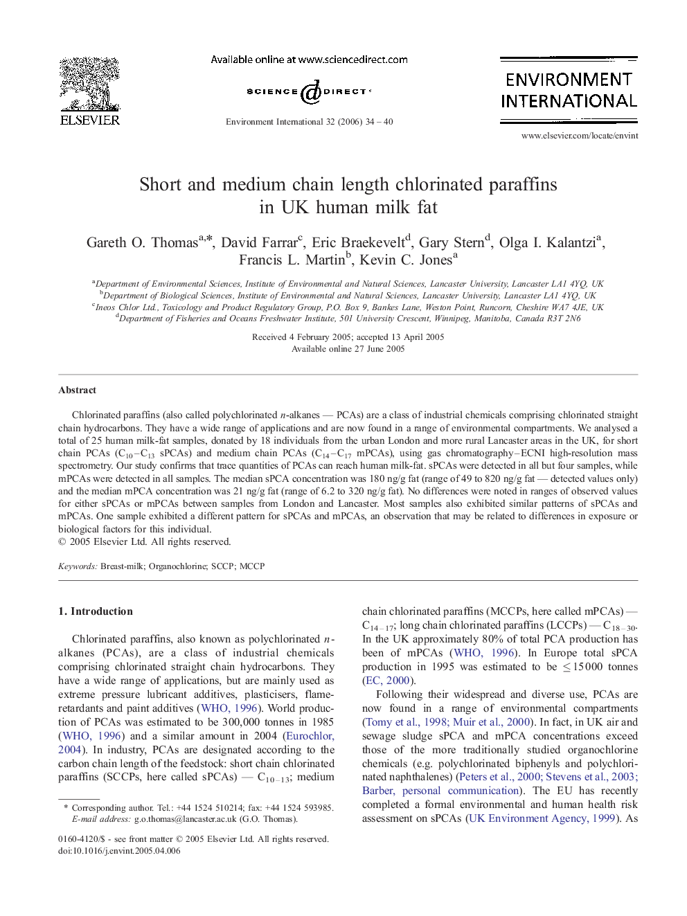 Short and medium chain length chlorinated paraffins in UK human milk fat