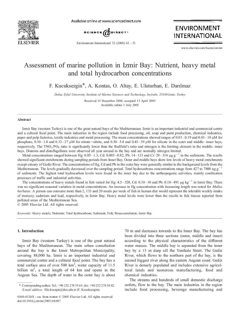 Assessment of marine pollution in Izmir Bay: Nutrient, heavy metal and total hydrocarbon concentrations