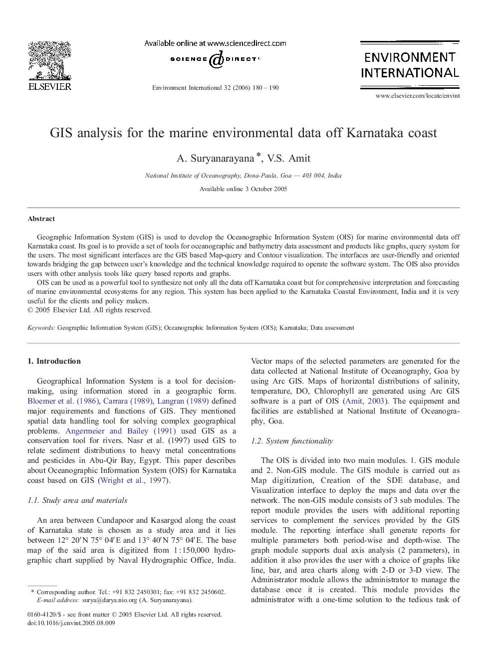 GIS analysis for the marine environmental data off Karnataka coast