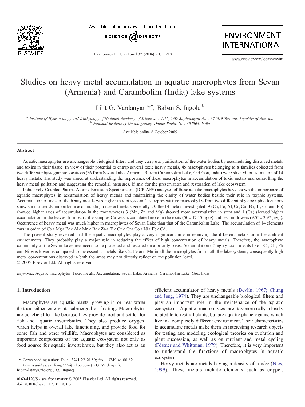 Studies on heavy metal accumulation in aquatic macrophytes from Sevan (Armenia) and Carambolim (India) lake systems