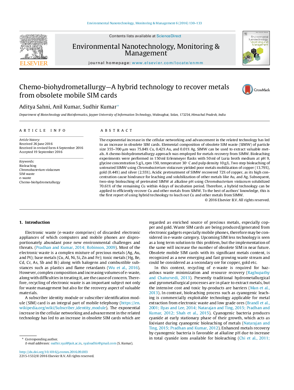 Chemo-biohydrometallurgy—A hybrid technology to recover metals from obsolete mobile SIM cards