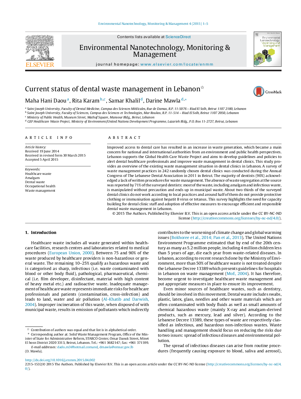 عکس صفحه اول مقاله: Current status of dental waste management in Lebanon Current status of dental waste management in Lebanon