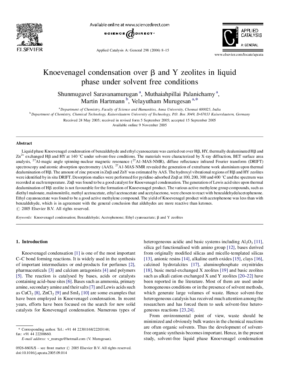 Knoevenagel condensation over β and Y zeolites in liquid phase under solvent free conditions