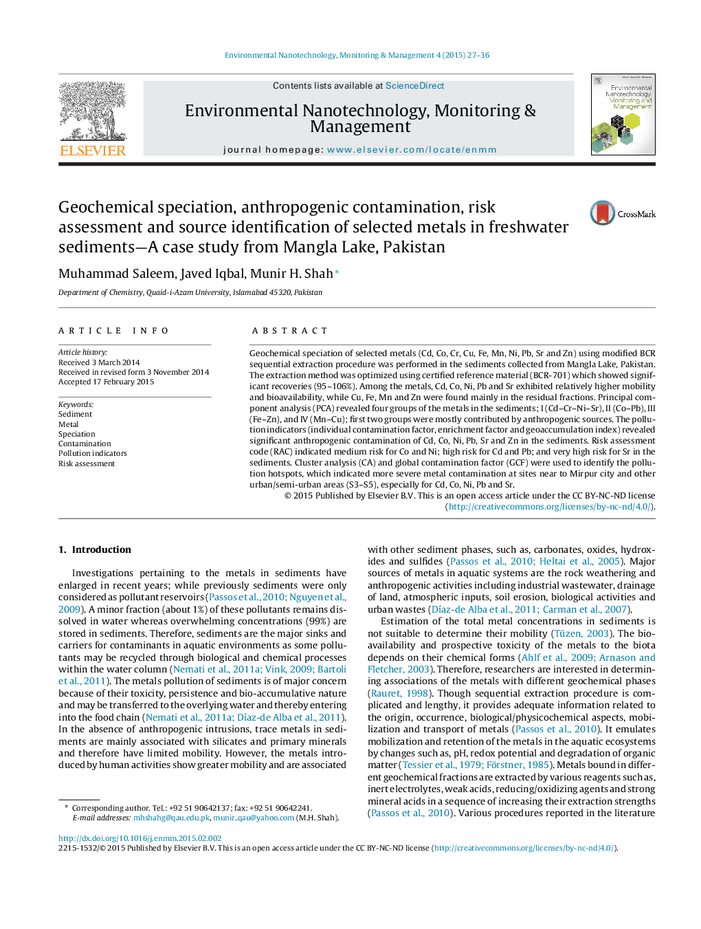 Geochemical speciation, anthropogenic contamination, risk assessment and source identification of selected metals in freshwater sediments—A case study from Mangla Lake, Pakistan