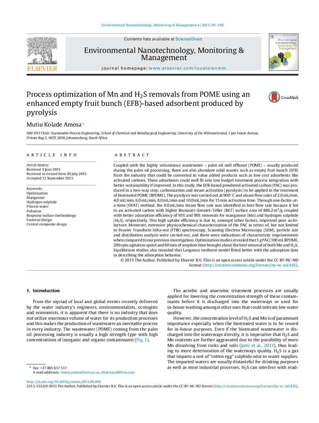 Process optimization of Mn and H2S removals from POME using an enhanced empty fruit bunch (EFB)-based adsorbent produced by pyrolysis