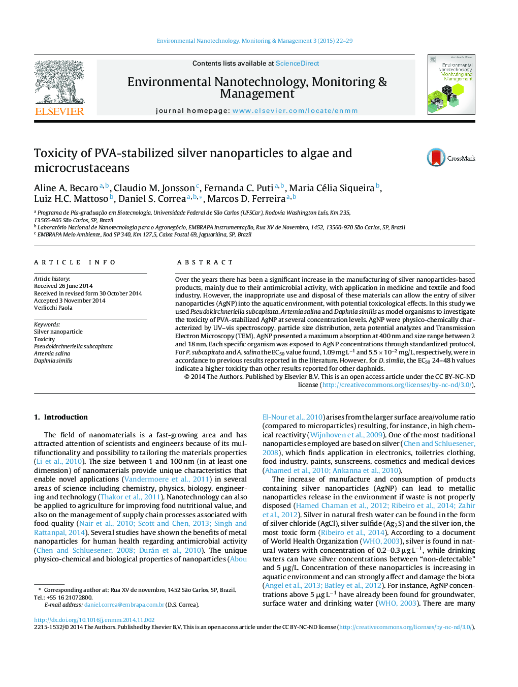 Toxicity of PVA-stabilized silver nanoparticles to algae and microcrustaceans