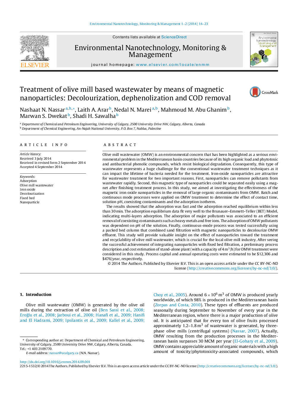 Treatment of olive mill based wastewater by means of magnetic nanoparticles: Decolourization, dephenolization and COD removal