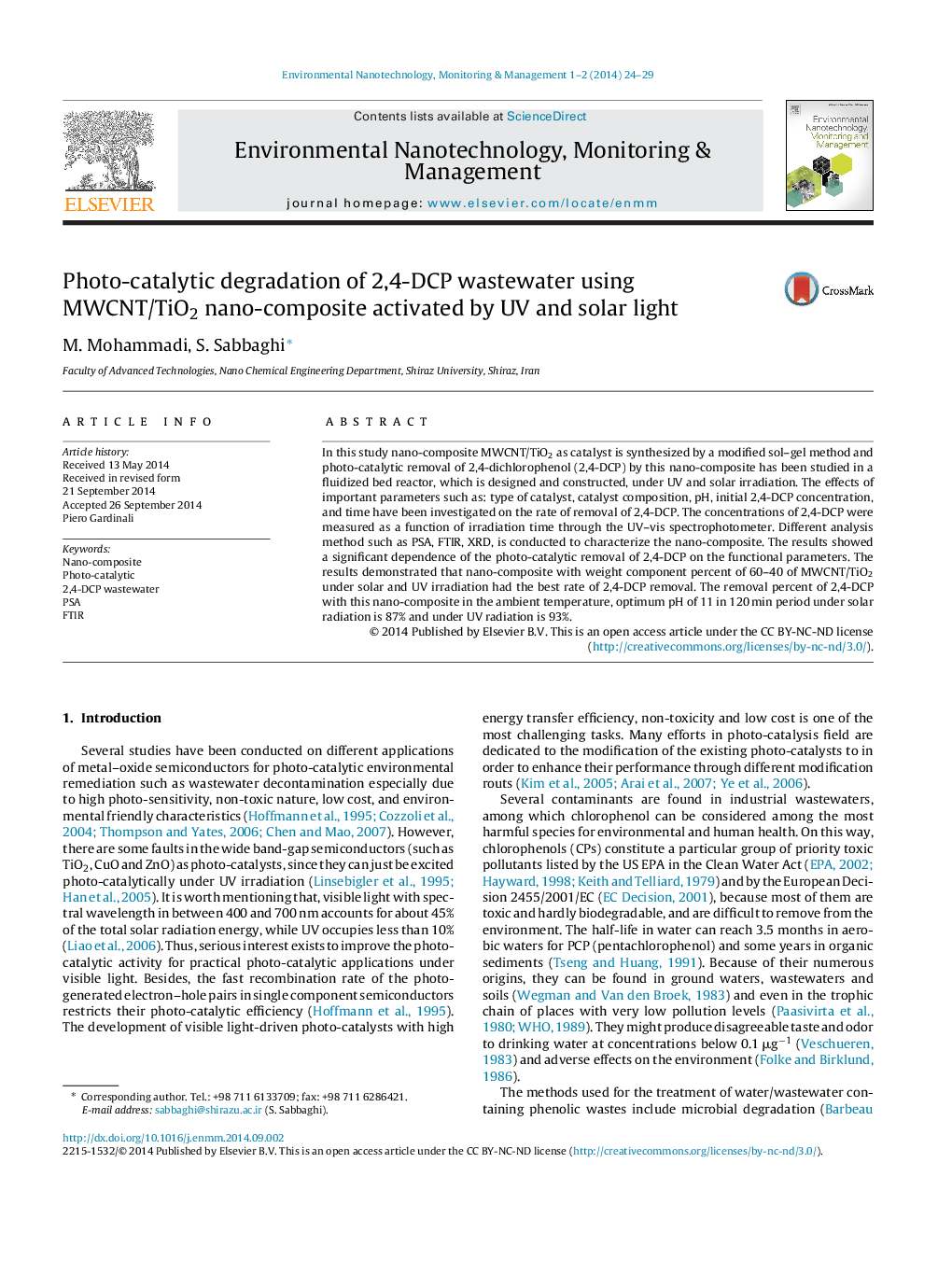 Photo-catalytic degradation of 2,4-DCP wastewater using MWCNT/TiO2 nano-composite activated by UV and solar light