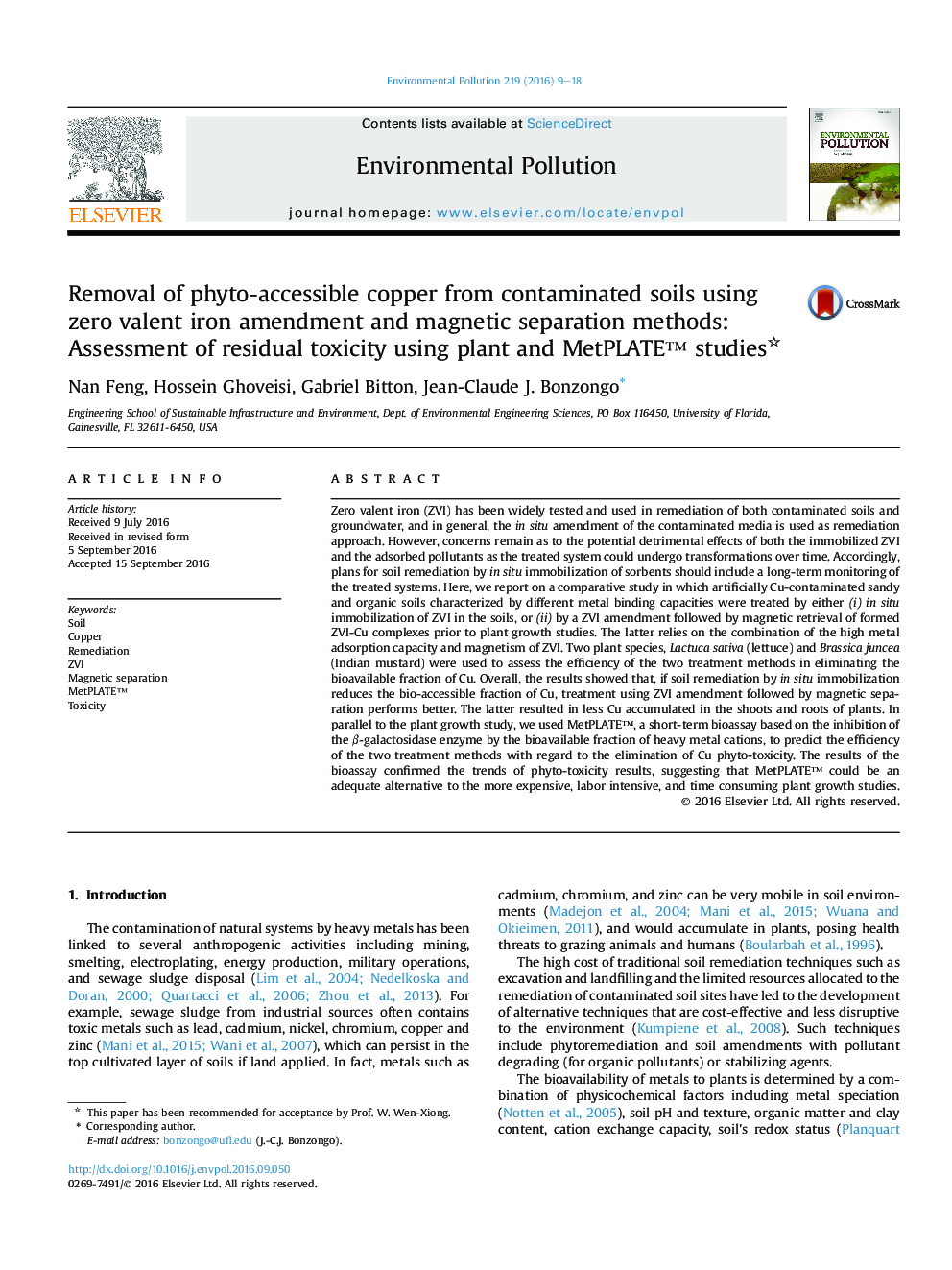 Removal of phyto-accessible copper from contaminated soils using zero valent iron amendment and magnetic separation methods: Assessment of residual toxicity using plant and MetPLATE™ studies 