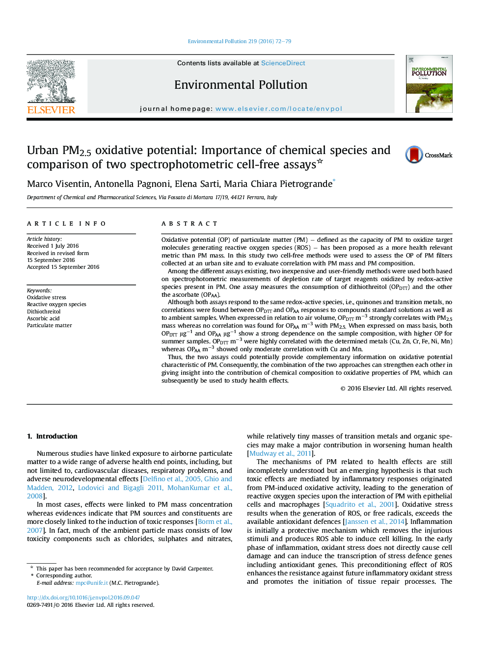 Urban PM2.5 oxidative potential: Importance of chemical species and comparison of two spectrophotometric cell-free assays 