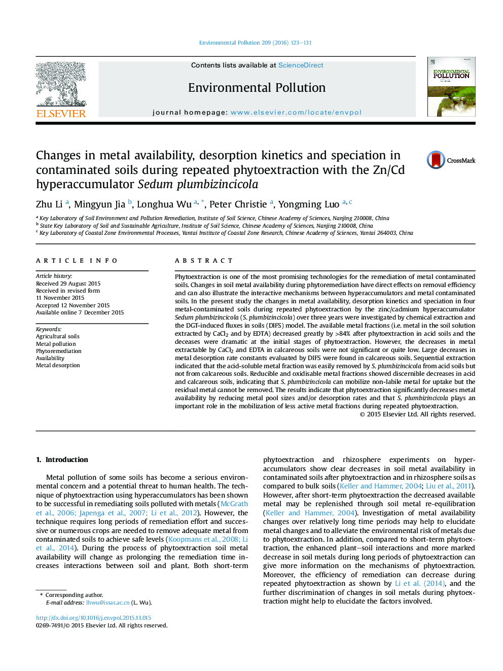 Changes in metal availability, desorption kinetics and speciation in contaminated soils during repeated phytoextraction with the Zn/Cd hyperaccumulator Sedum plumbizincicola