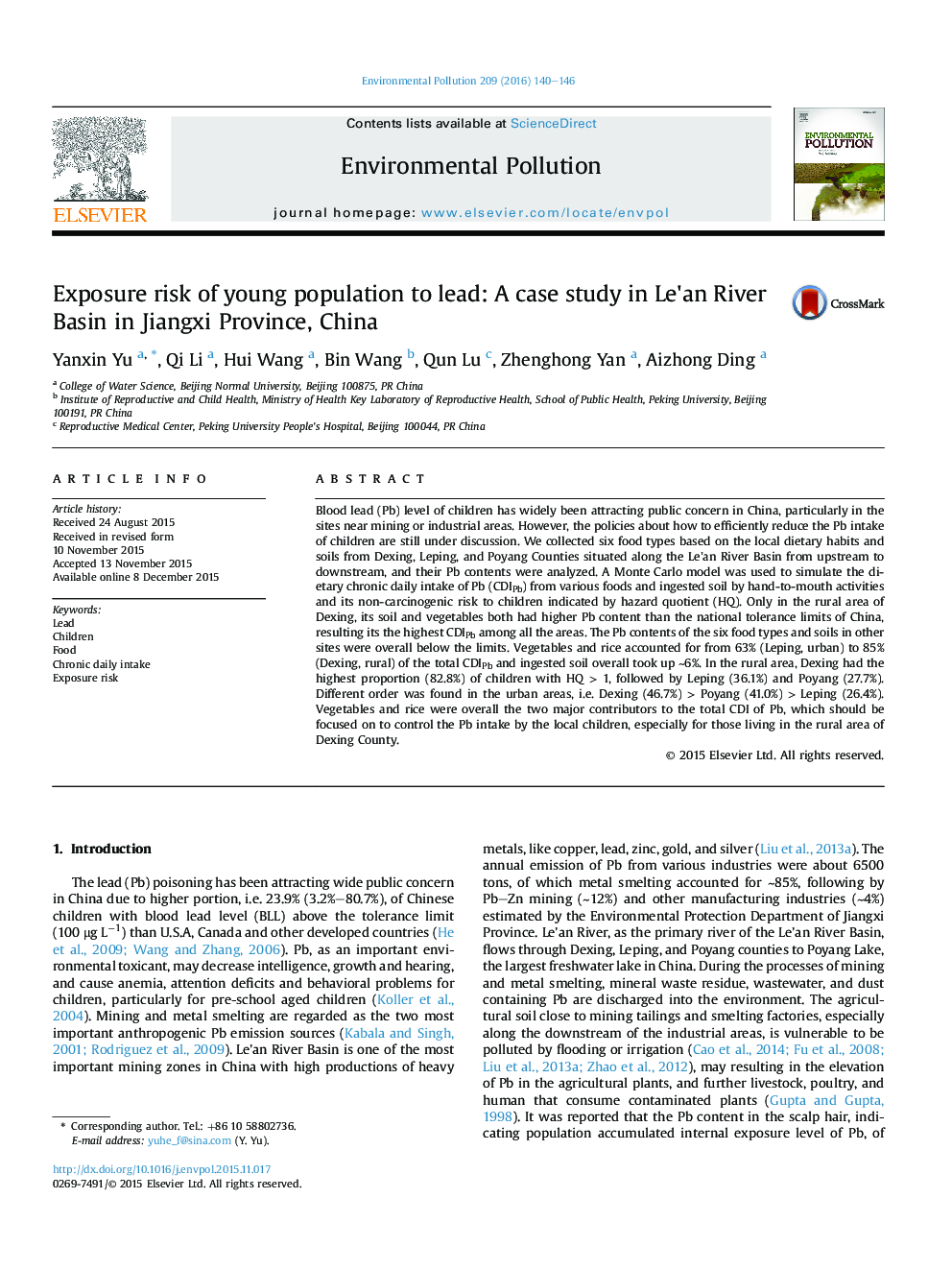 Exposure risk of young population to lead: A case study in Le'an River Basin in Jiangxi Province, China