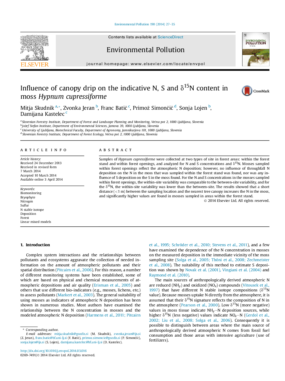 Influence of canopy drip on the indicative N, S and δ15N content in moss Hypnum cupressiforme