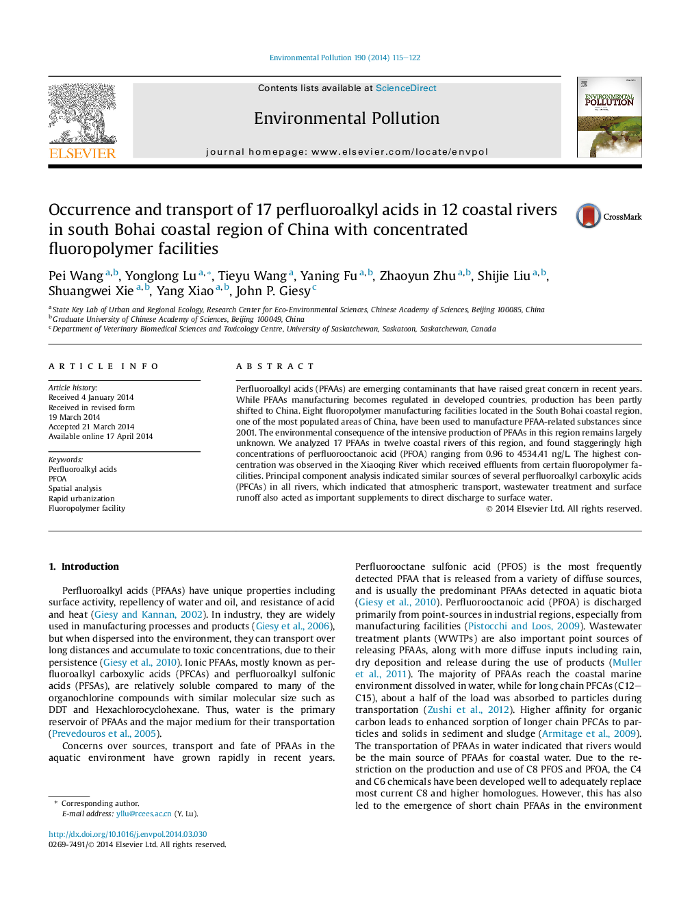 Occurrence and transport of 17 perfluoroalkyl acids in 12 coastal rivers in south Bohai coastal region of China with concentrated fluoropolymer facilities