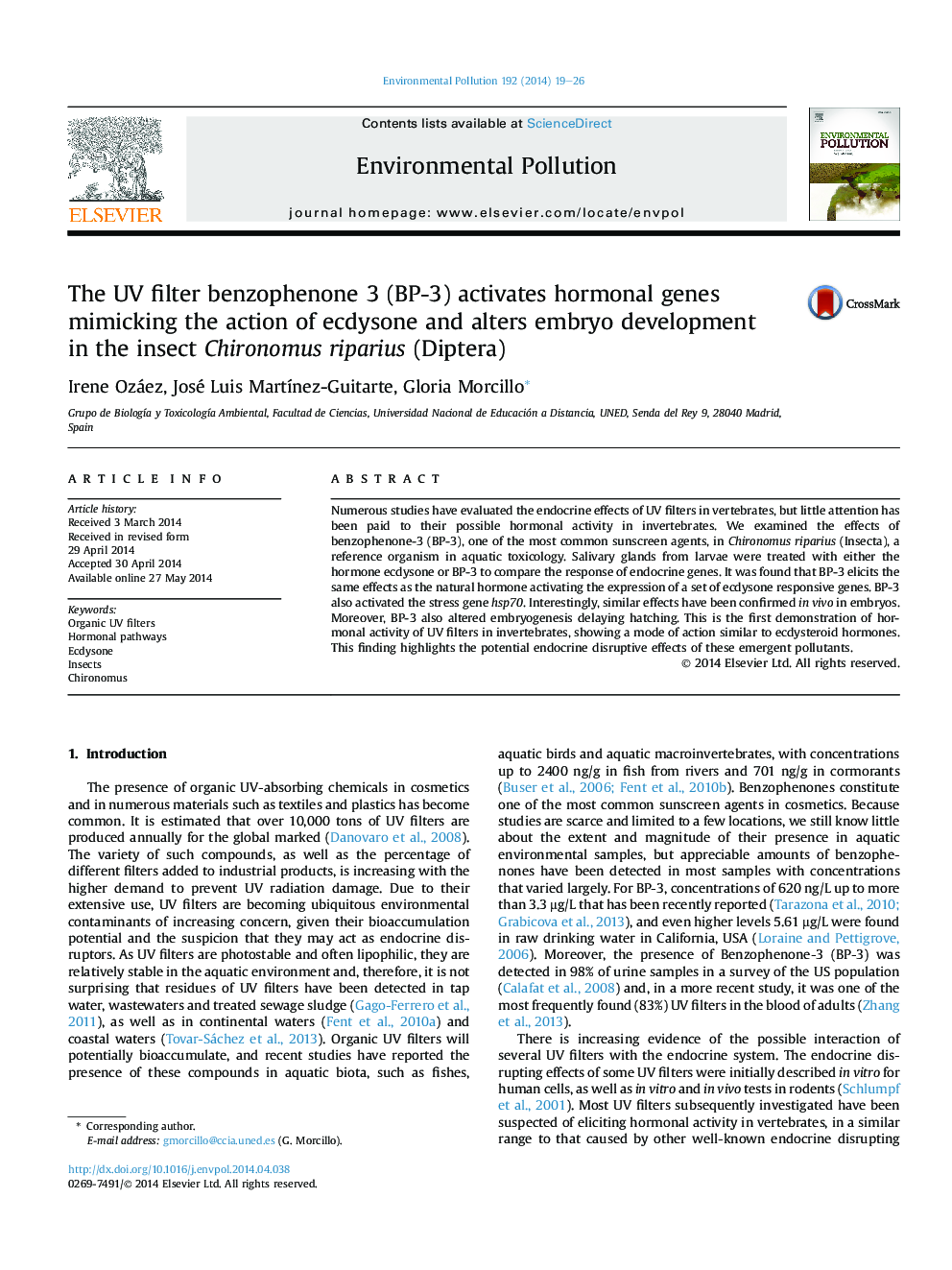 The UV filter benzophenone 3 (BP-3) activates hormonal genes mimicking the action of ecdysone and alters embryo development in the insect Chironomus riparius (Diptera)