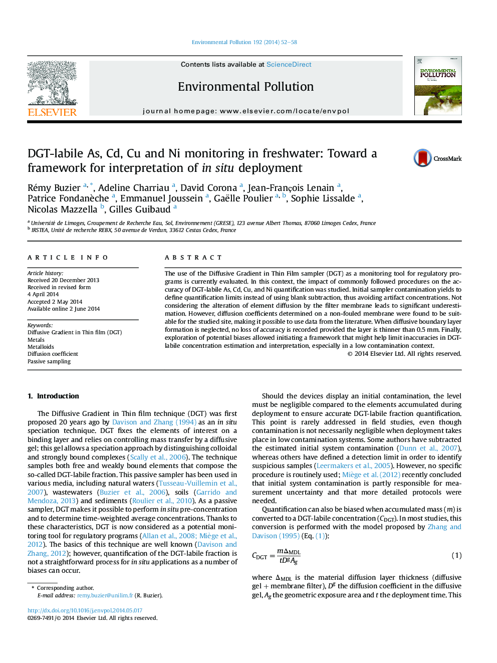 DGT-labile As, Cd, Cu and Ni monitoring in freshwater: Toward a framework for interpretation of in situ deployment