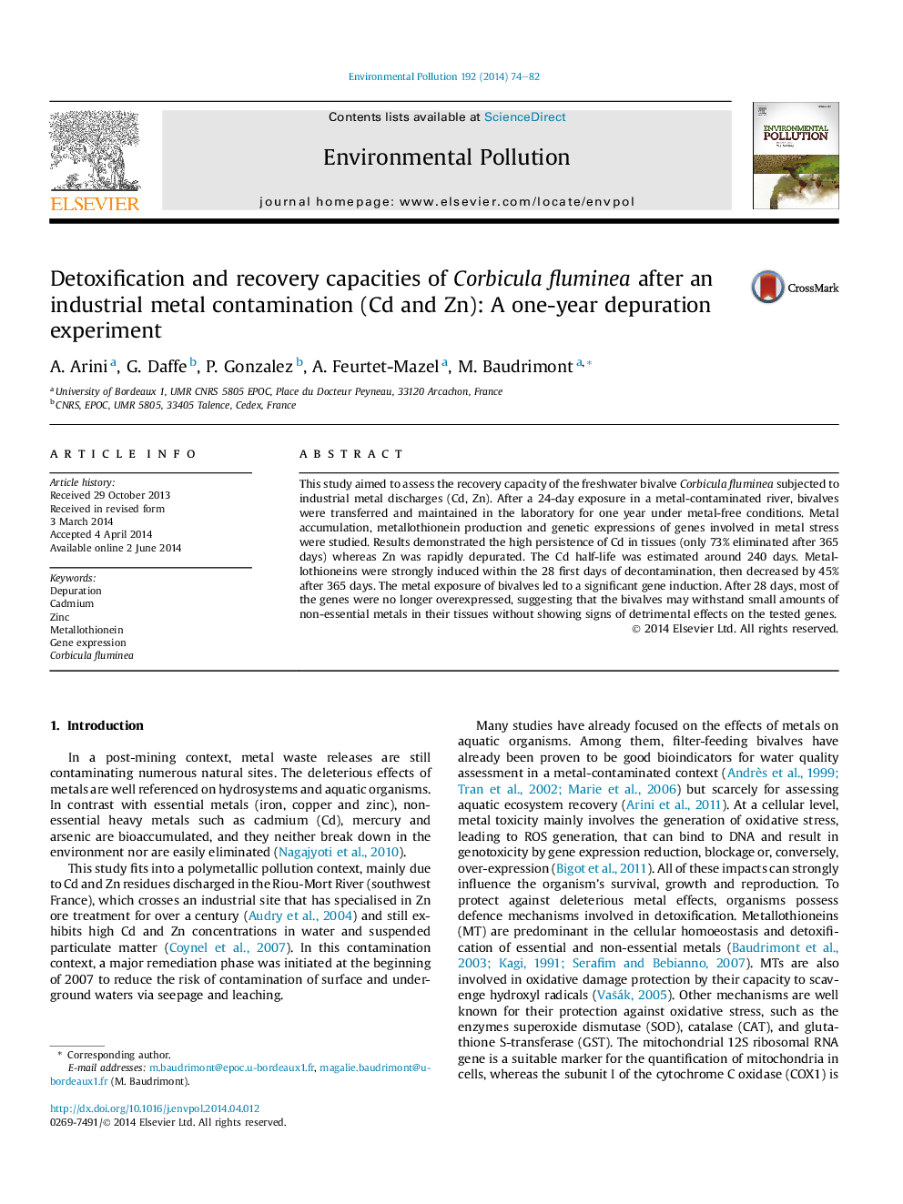 Detoxification and recovery capacities of Corbicula fluminea after an industrial metal contamination (Cd and Zn): A one-year depuration experiment