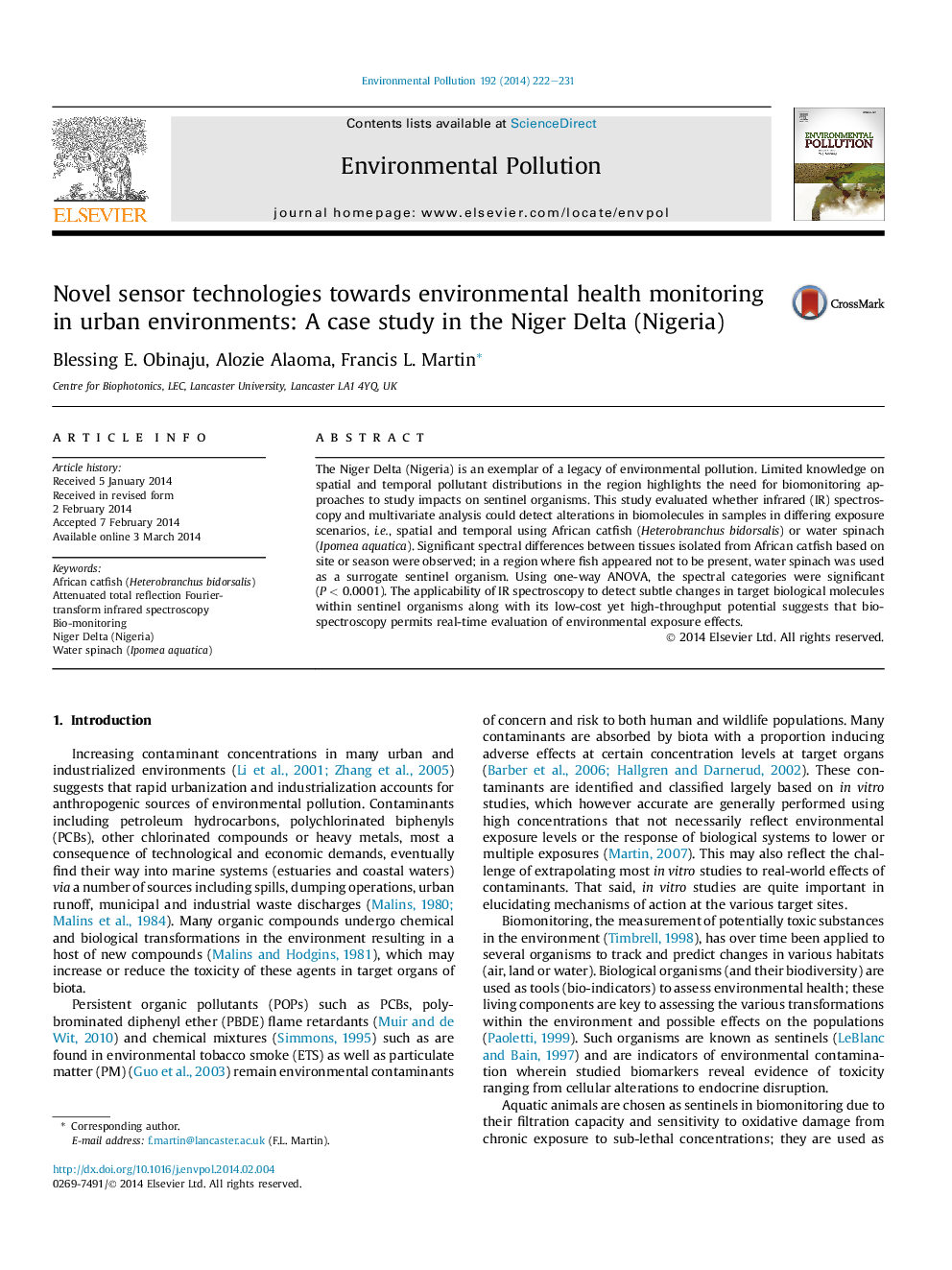 Novel sensor technologies towards environmental health monitoring in urban environments: A case study in the Niger Delta (Nigeria)