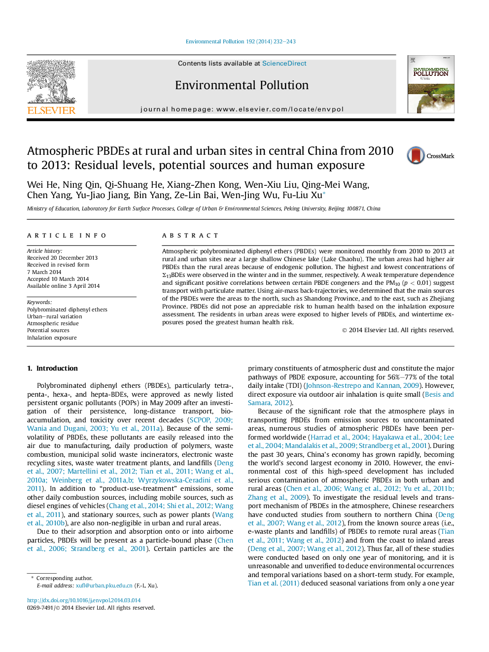 Atmospheric PBDEs at rural and urban sites in central China from 2010 to 2013: Residual levels, potential sources and human exposure