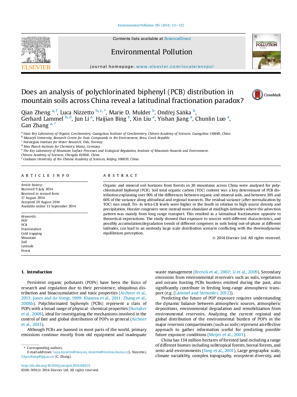 Does an analysis of polychlorinated biphenyl (PCB) distribution in mountain soils across China reveal a latitudinal fractionation paradox?