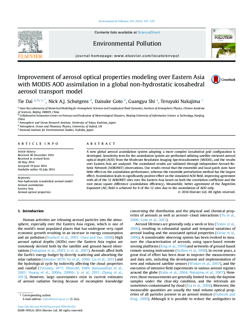 Improvement of aerosol optical properties modeling over Eastern Asia with MODIS AOD assimilation in a global non-hydrostatic icosahedral aerosol transport model