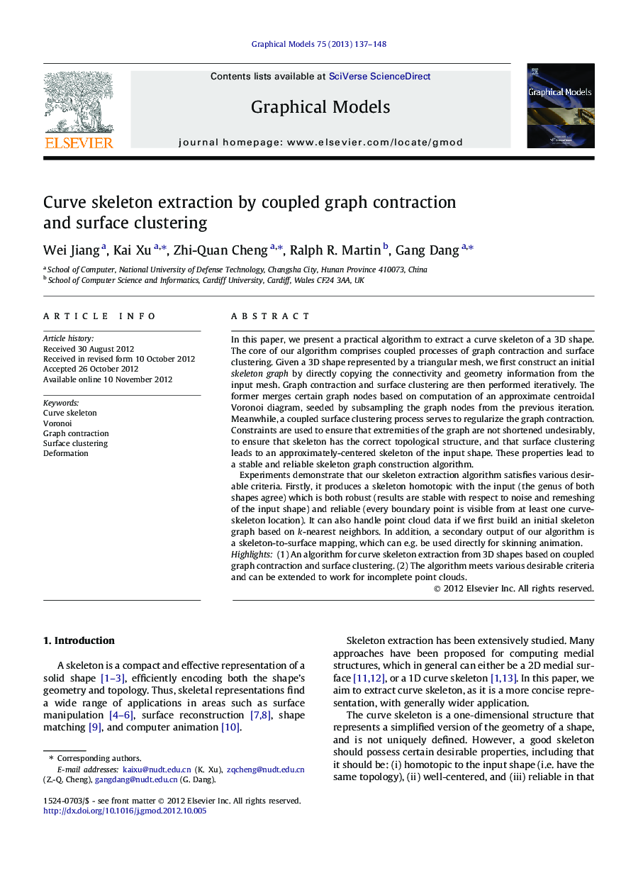 Curve skeleton extraction by coupled graph contraction and surface clustering