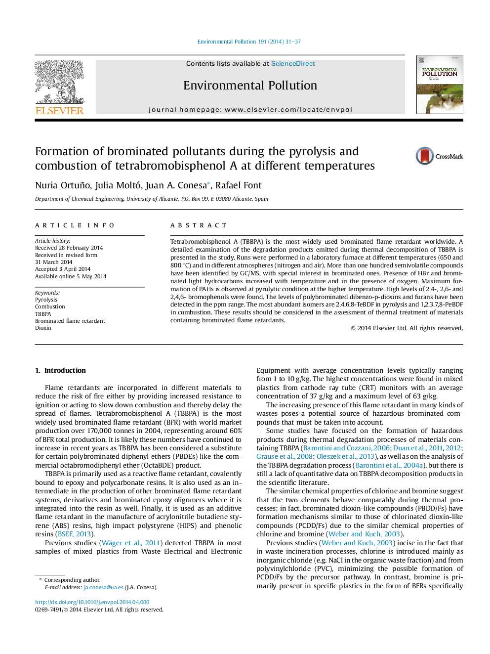 Formation of brominated pollutants during the pyrolysis and combustion of tetrabromobisphenol A at different temperatures