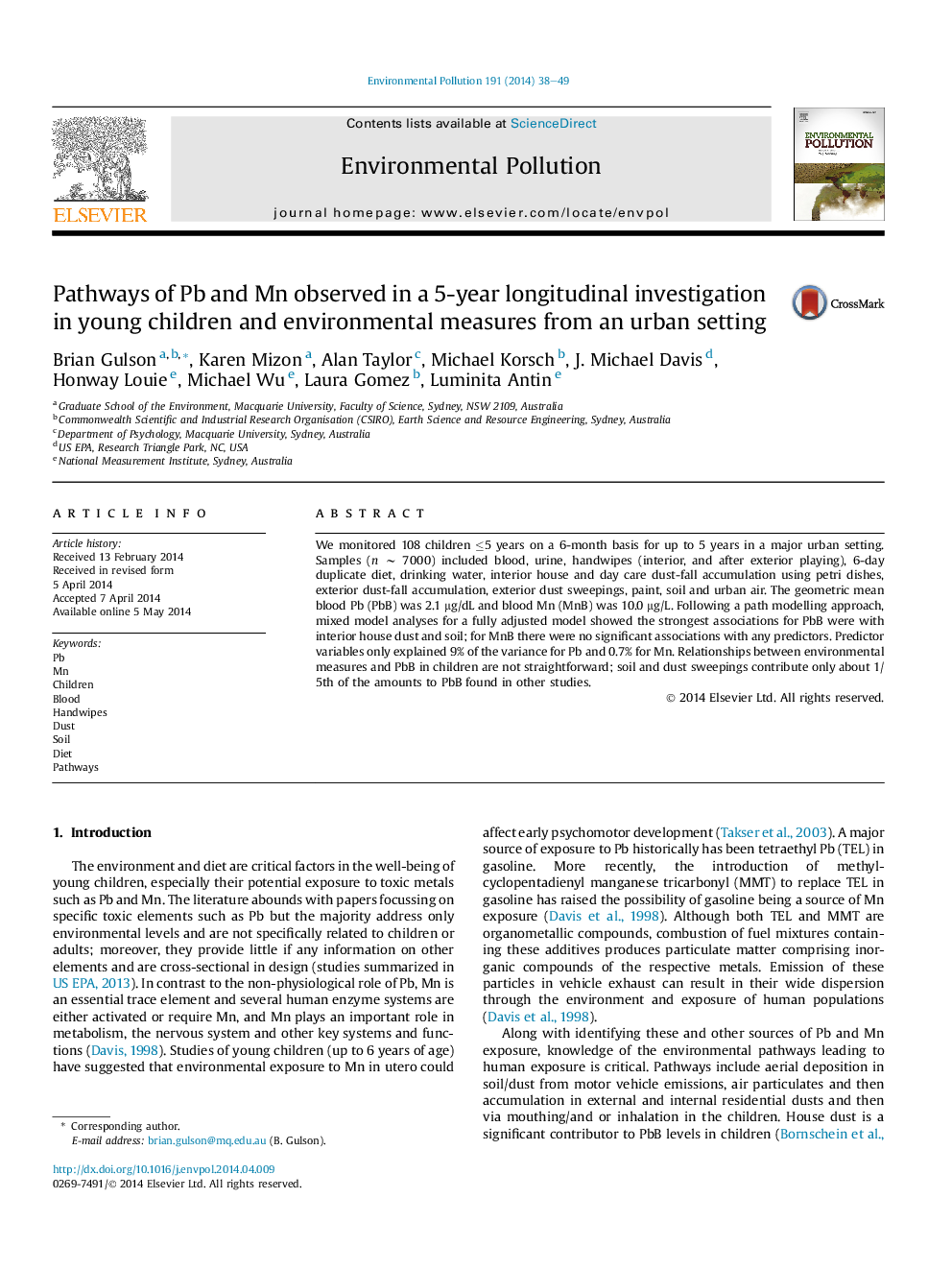 Pathways of Pb and Mn observed in a 5-year longitudinal investigation in young children and environmental measures from an urban setting