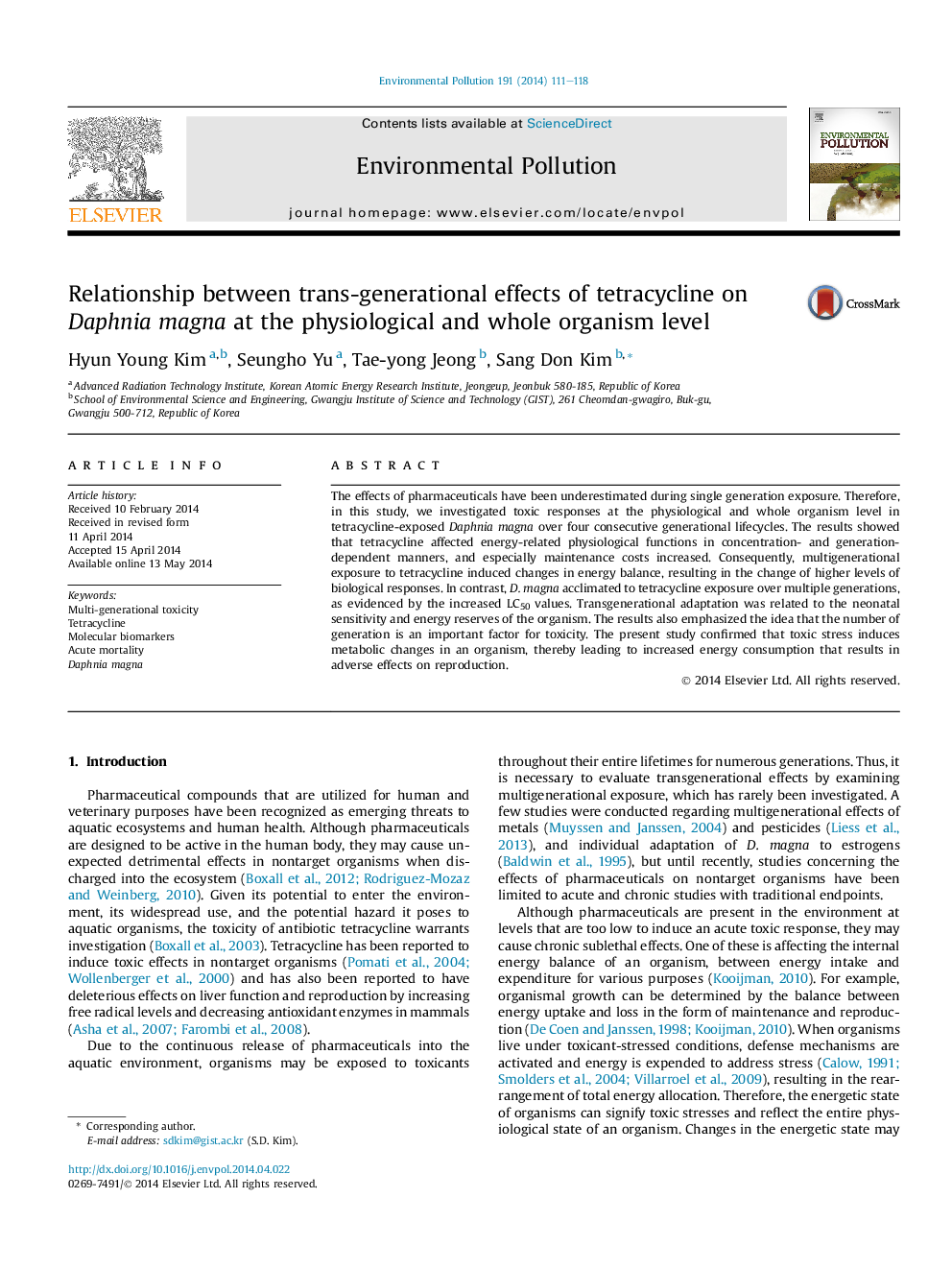 Relationship between trans-generational effects of tetracycline on Daphnia magna at the physiological and whole organism level