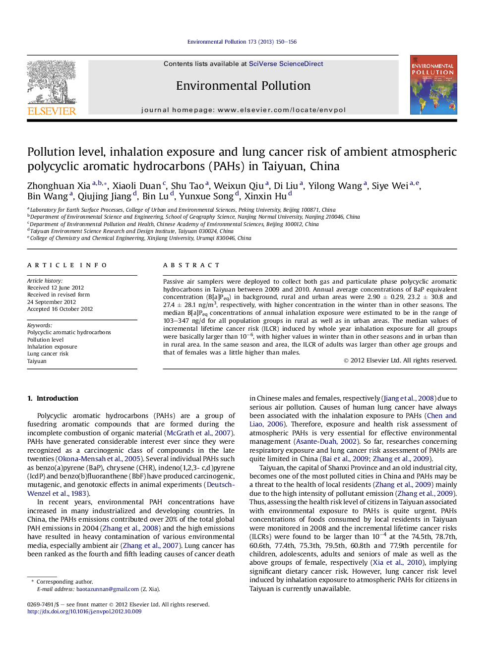 Pollution level, inhalation exposure and lung cancer risk of ambient atmospheric polycyclic aromatic hydrocarbons (PAHs) in Taiyuan, China