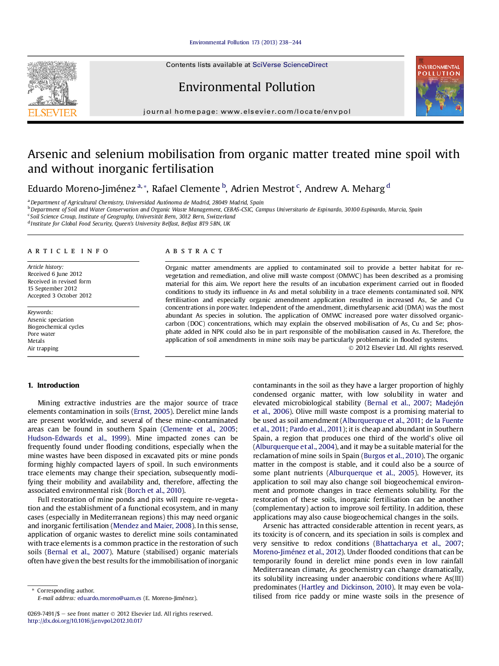 Arsenic and selenium mobilisation from organic matter treated mine spoil with and without inorganic fertilisation