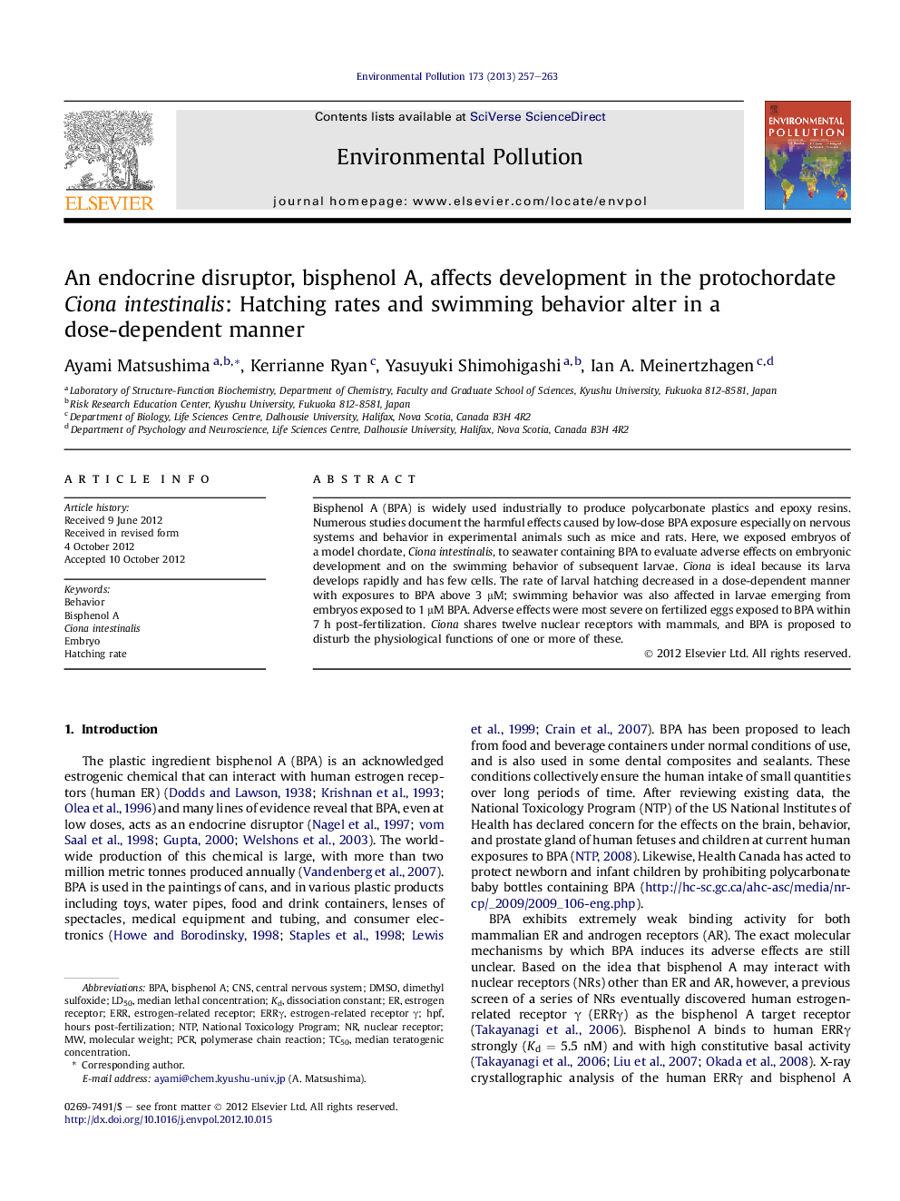 An endocrine disruptor, bisphenol A, affects development in the protochordate Ciona intestinalis: Hatching rates and swimming behavior alter in a dose-dependent manner