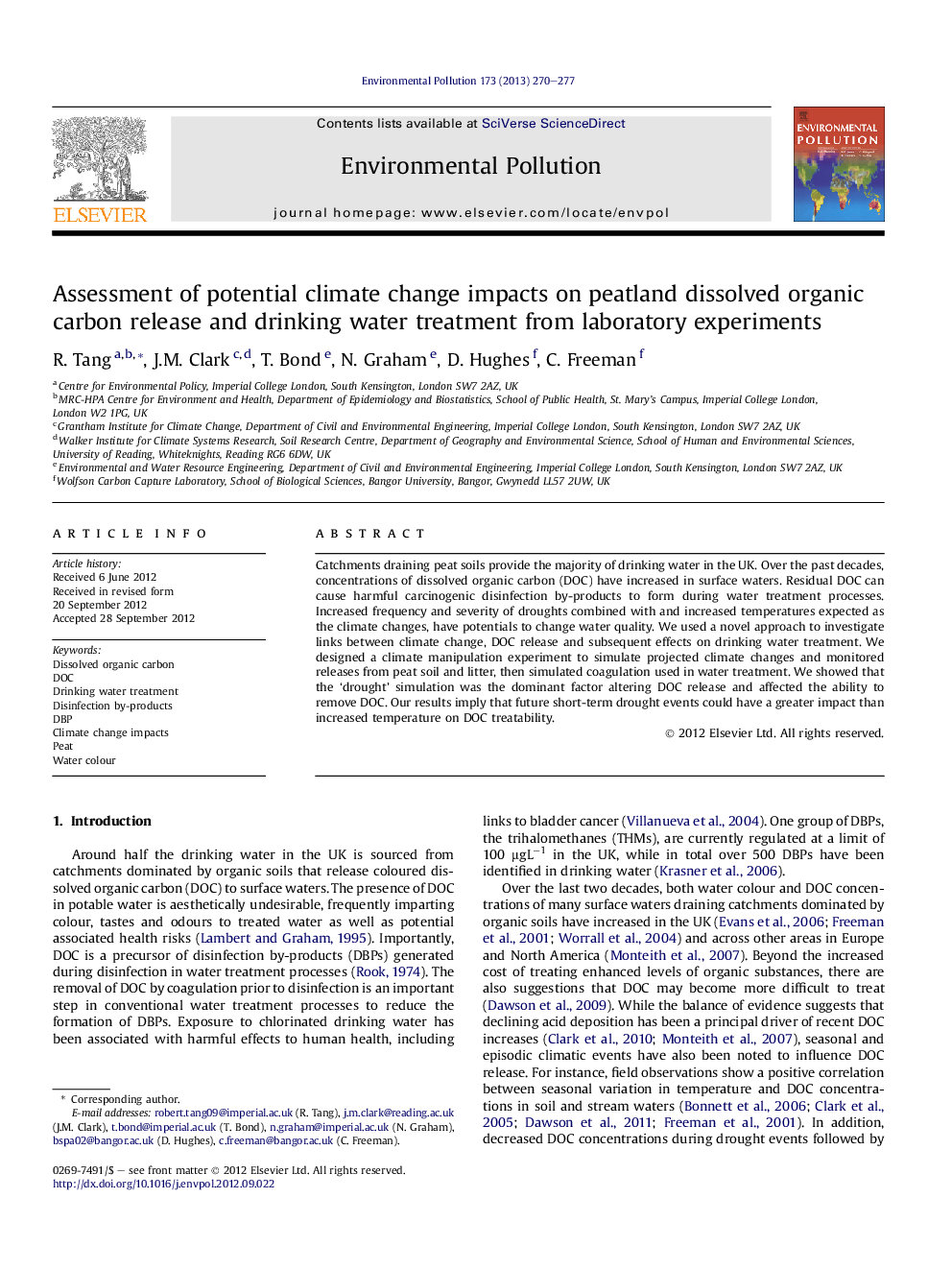 Assessment of potential climate change impacts on peatland dissolved organic carbon release and drinking water treatment from laboratory experiments