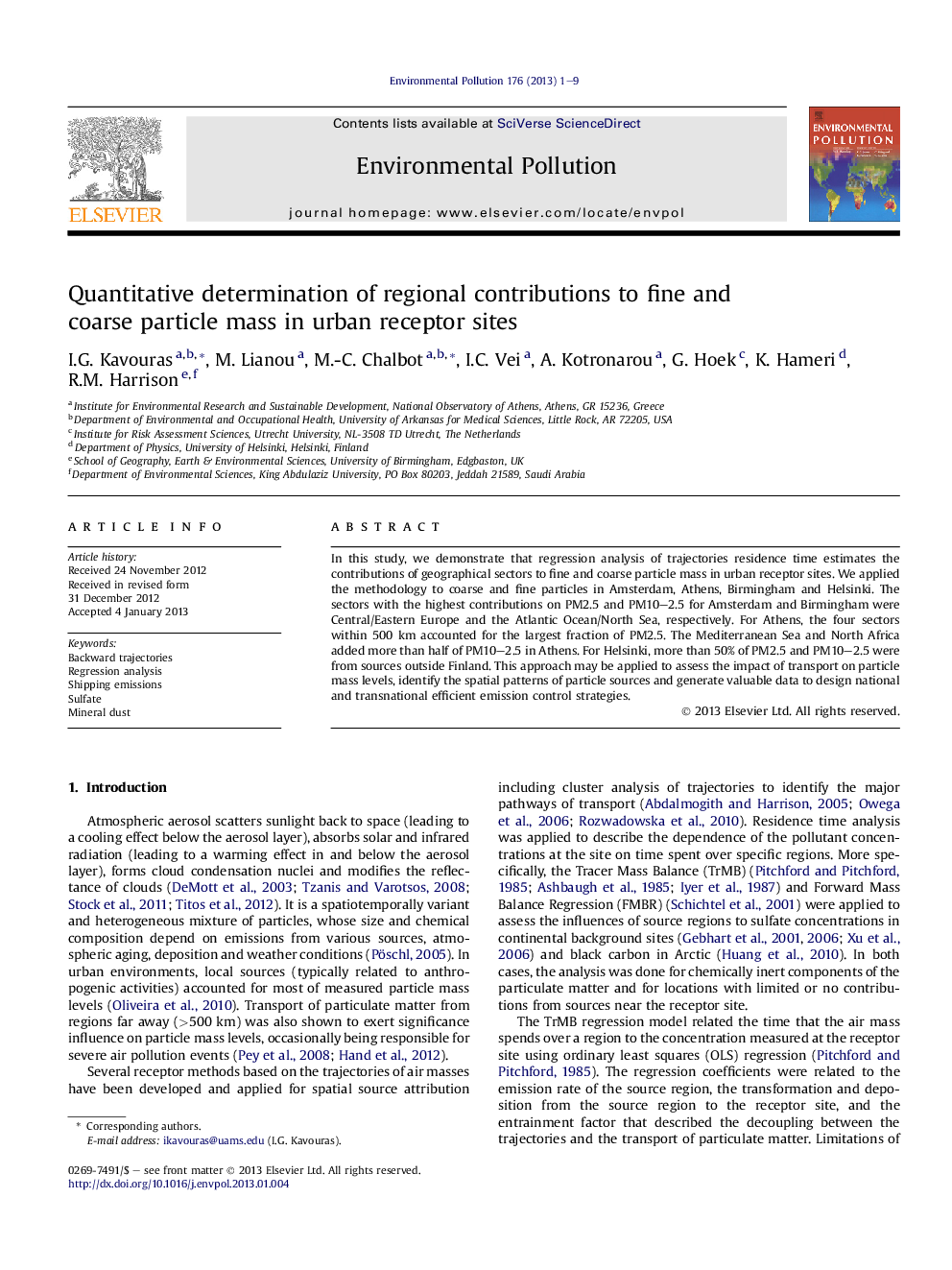 Quantitative determination of regional contributions to fine and coarse particle mass in urban receptor sites