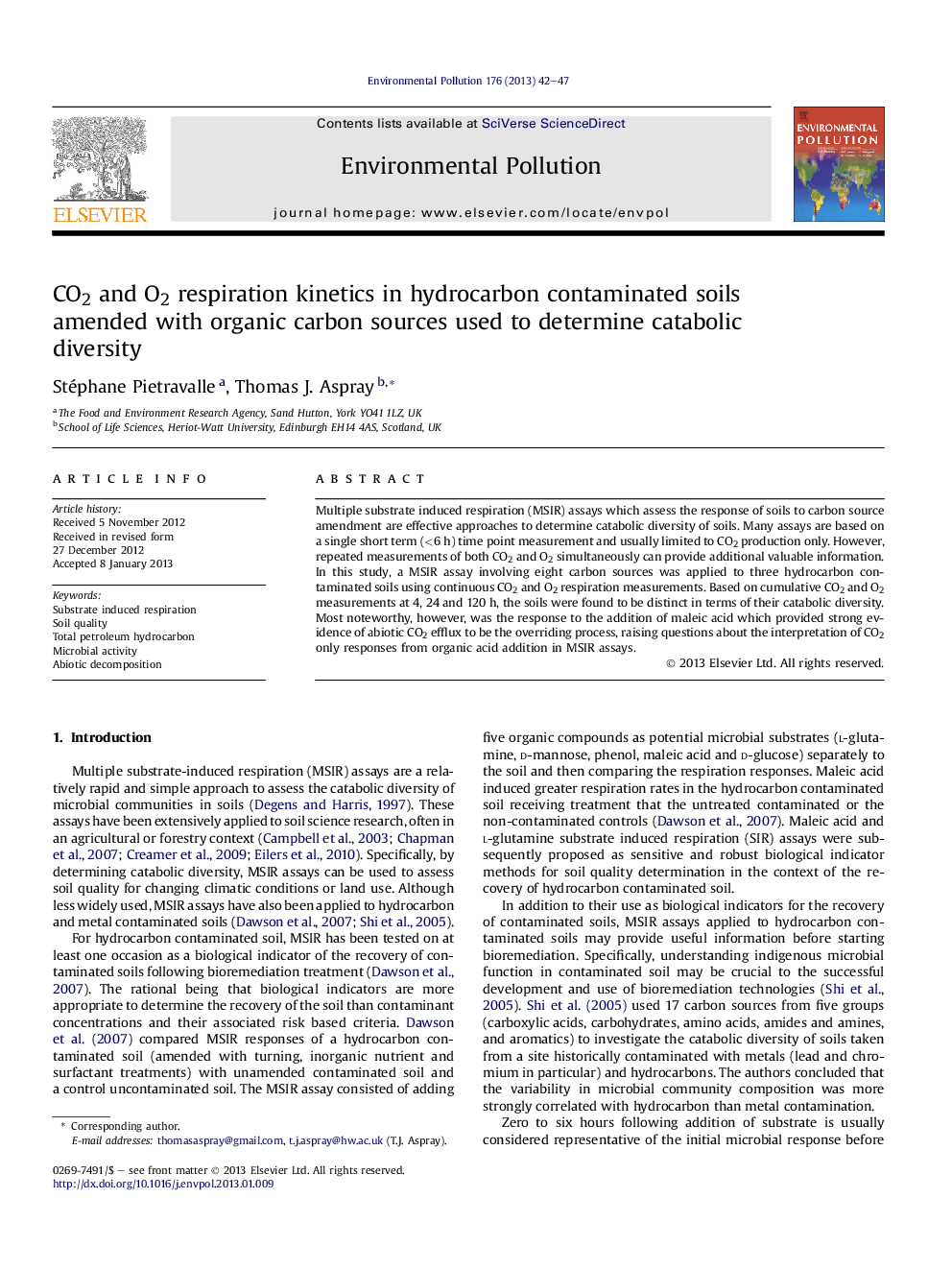 CO2 and O2 respiration kinetics in hydrocarbon contaminated soils amended with organic carbon sources used to determine catabolic diversity