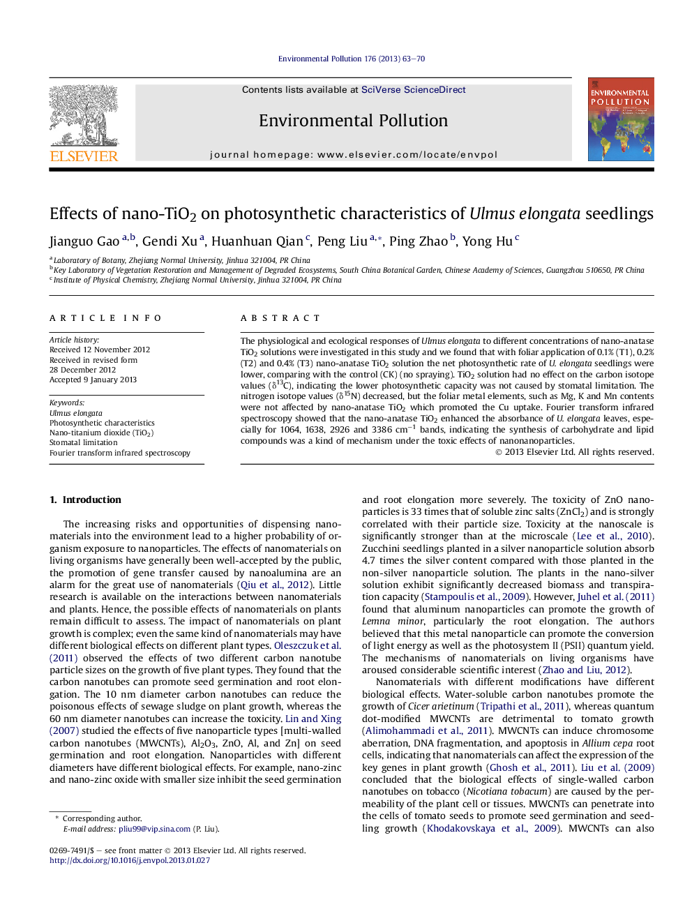 Effects of nano-TiO2 on photosynthetic characteristics of Ulmus elongata seedlings