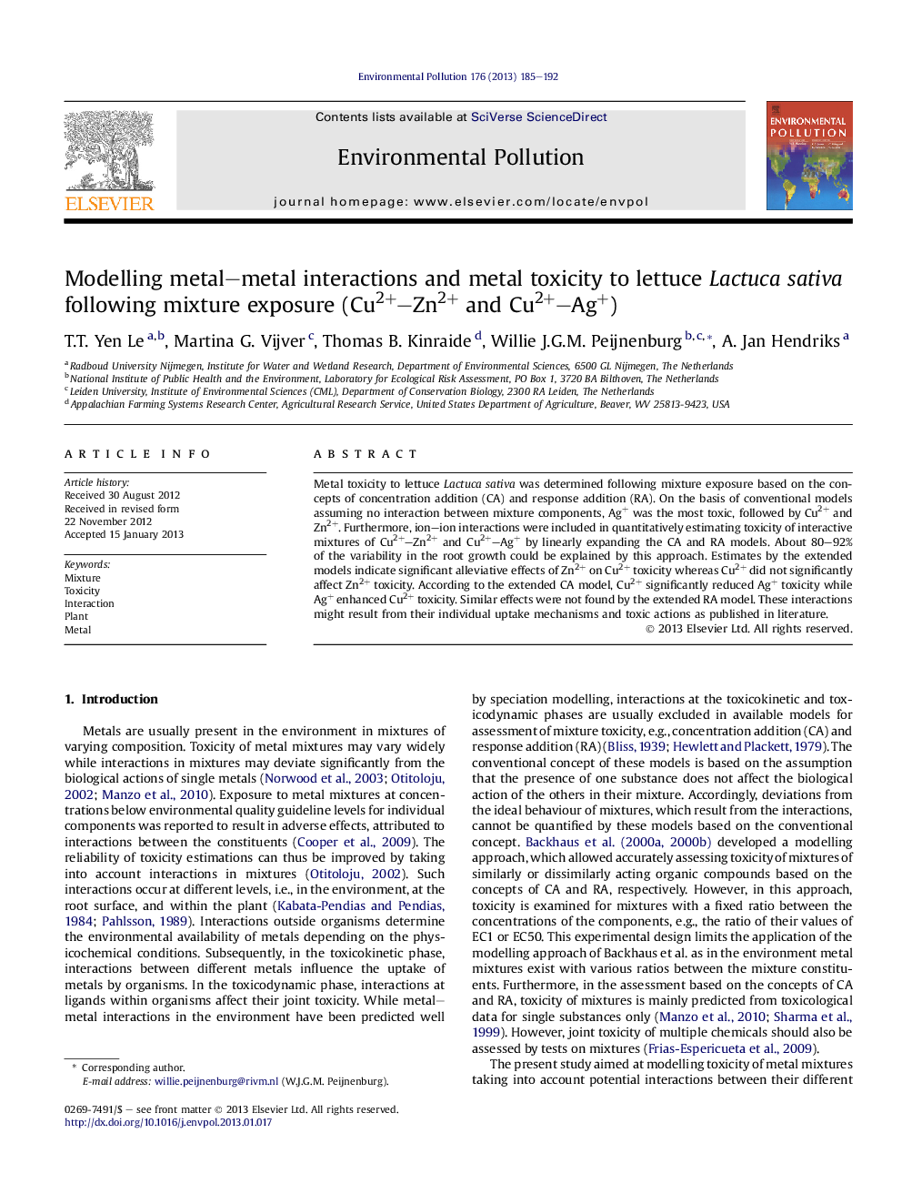عکس صفحه اول مقاله: Modelling metal–metal interactions and metal toxicity to lettuce Lactuca sativa following mixture exposure (Cu2+–Zn2+ and Cu2+–Ag+) Modelling metal–metal interactions and metal toxicity to lettuce Lactuca sativa following mixture exposure (Cu2+–Zn2+ and Cu2+–Ag+)