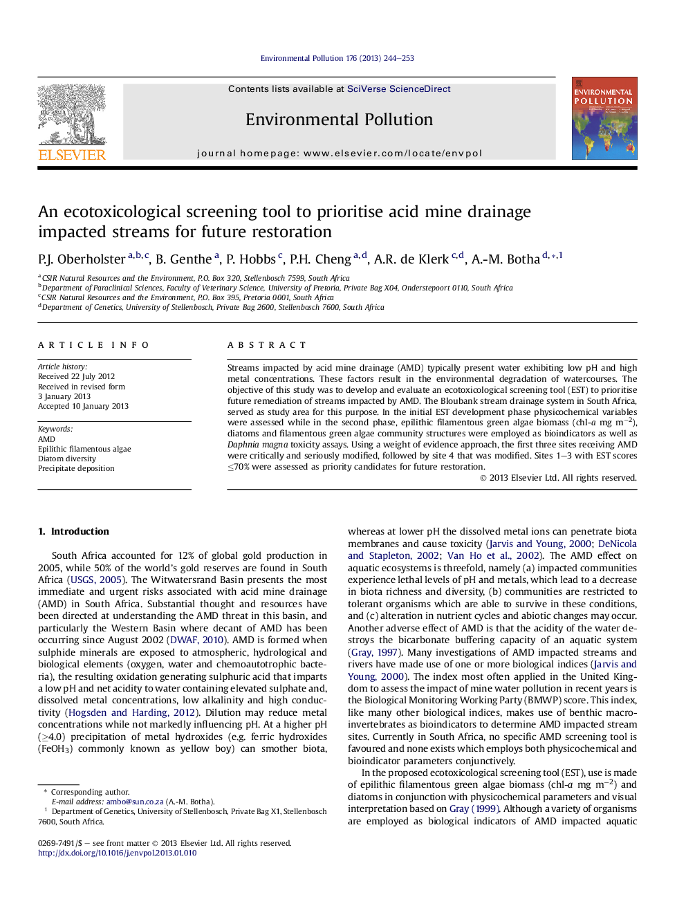 عکس صفحه اول مقاله: An ecotoxicological screening tool to prioritise acid mine drainage impacted streams for future restoration An ecotoxicological screening tool to prioritise acid mine drainage impacted streams for future restoration