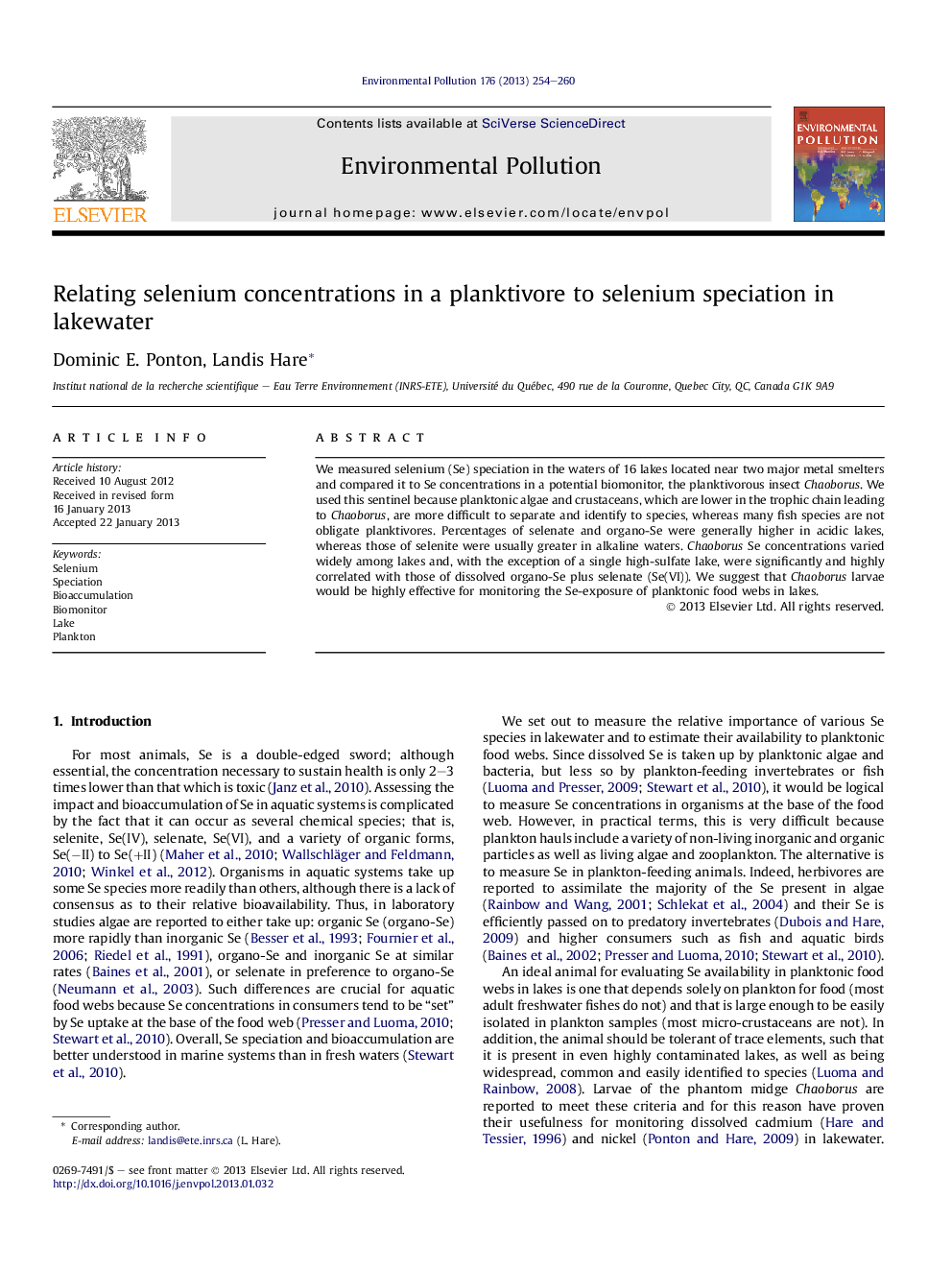 عکس صفحه اول مقاله: Relating selenium concentrations in a planktivore to selenium speciation in lakewater Relating selenium concentrations in a planktivore to selenium speciation in lakewater