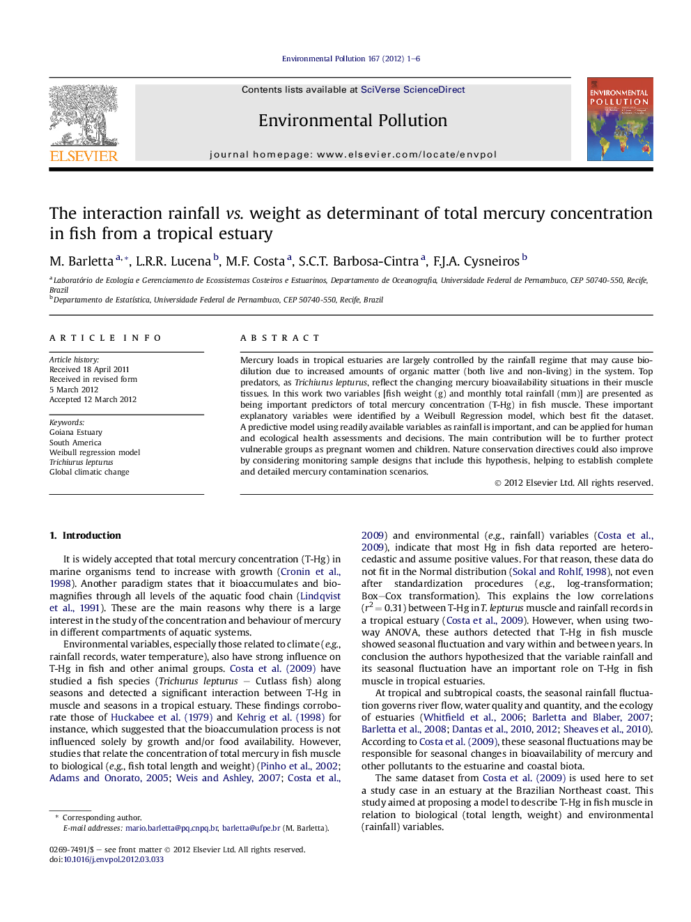 The interaction rainfall vs. weight as determinant of total mercury concentration in fish from a tropical estuary