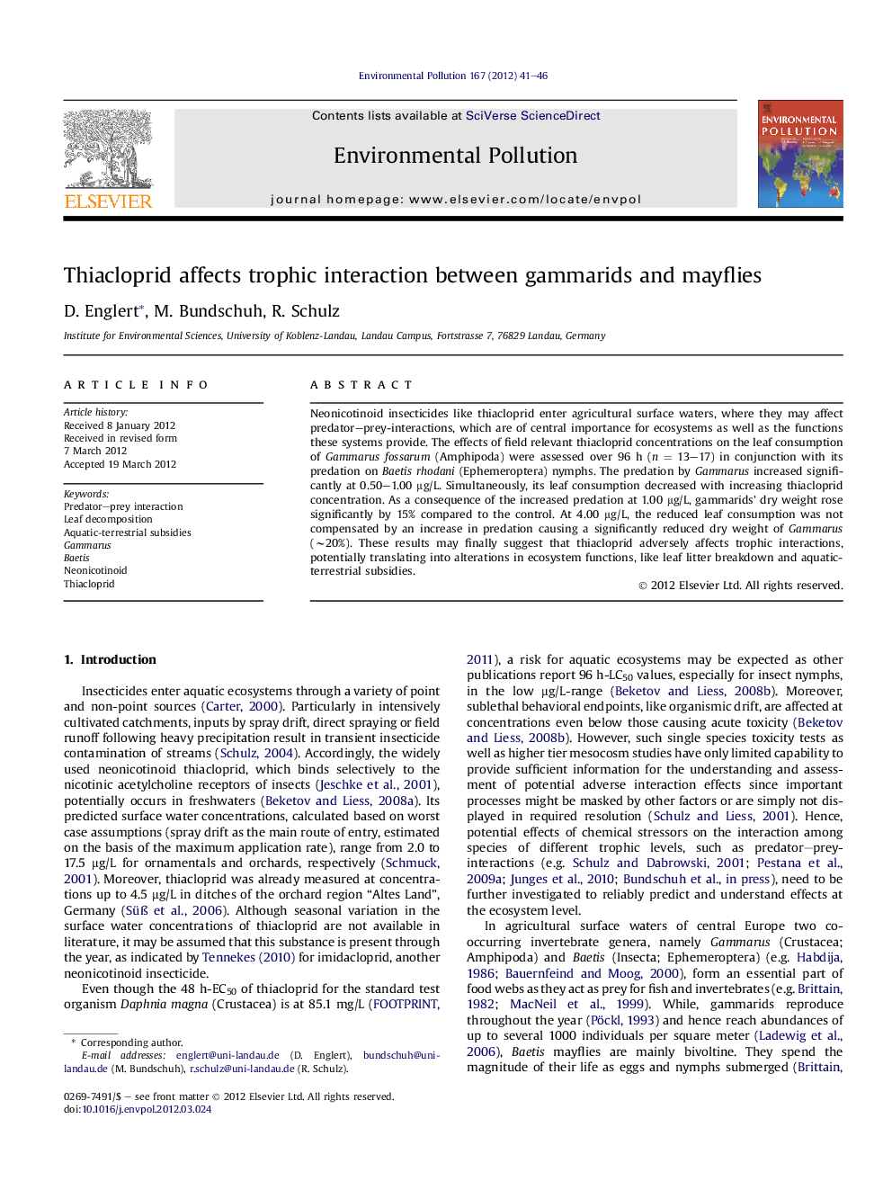 Thiacloprid affects trophic interaction between gammarids and mayflies