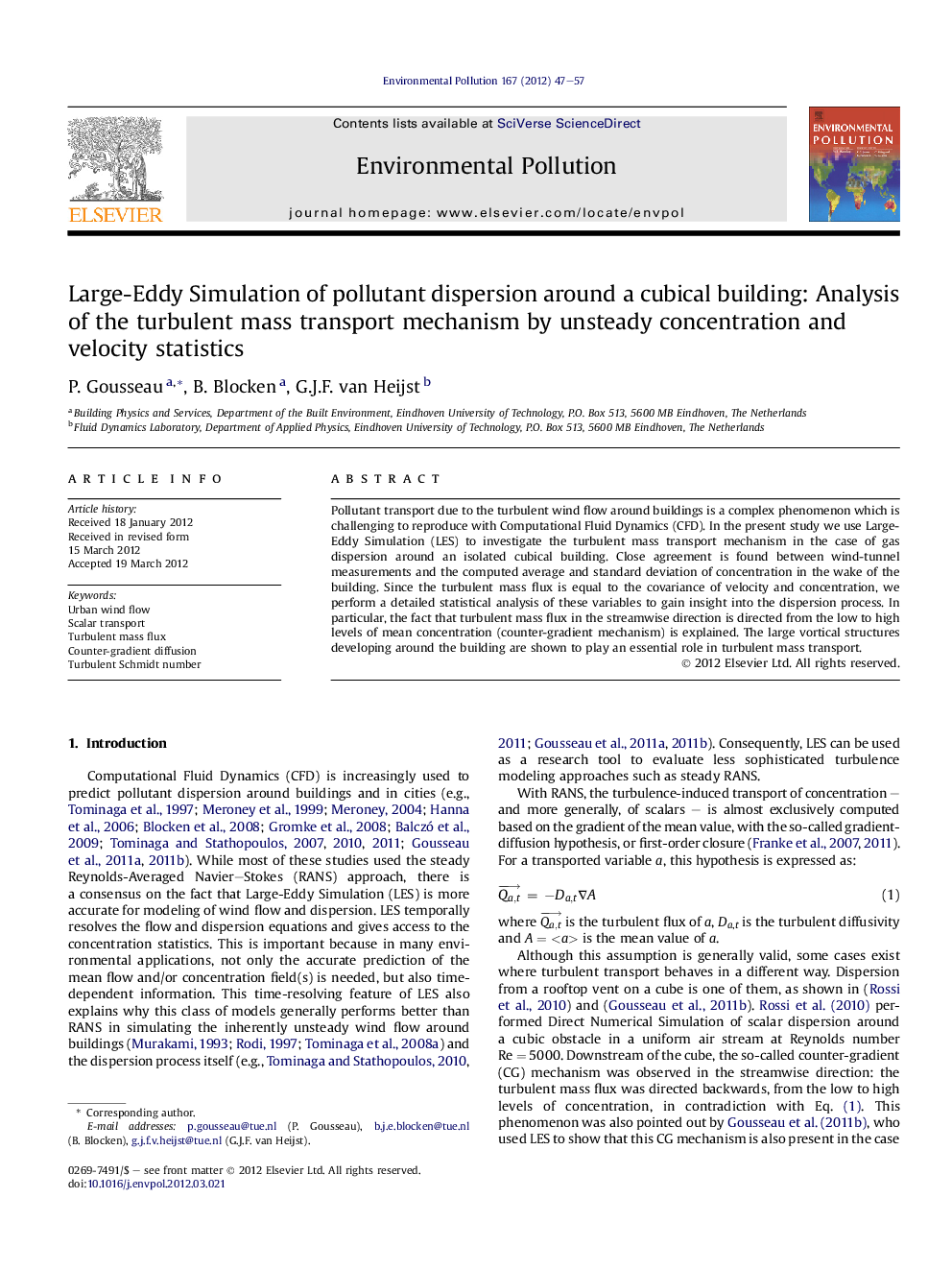 Large-Eddy Simulation of pollutant dispersion around a cubical building: Analysis of the turbulent mass transport mechanism by unsteady concentration and velocity statistics