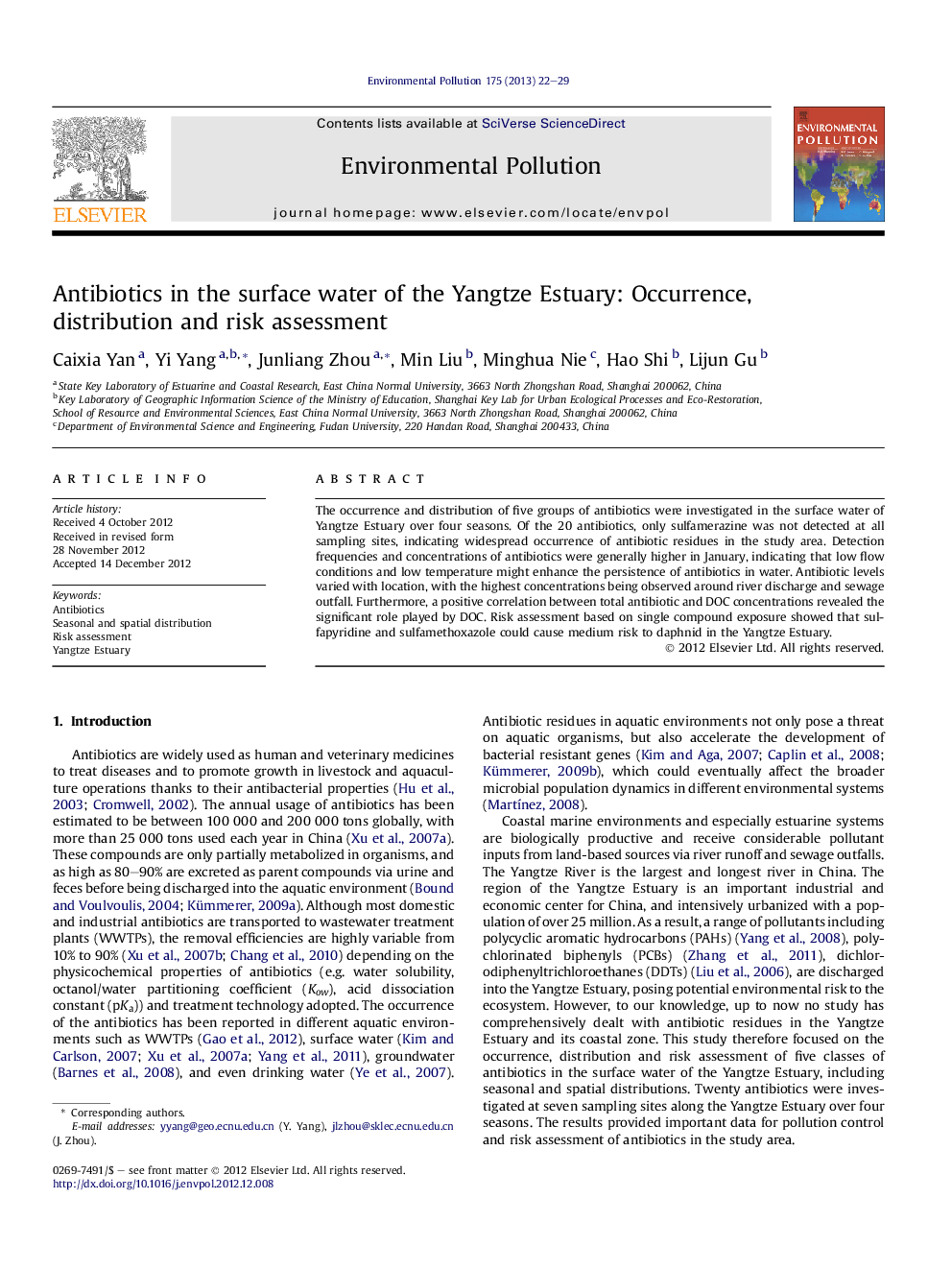 Antibiotics in the surface water of the Yangtze Estuary: Occurrence, distribution and risk assessment