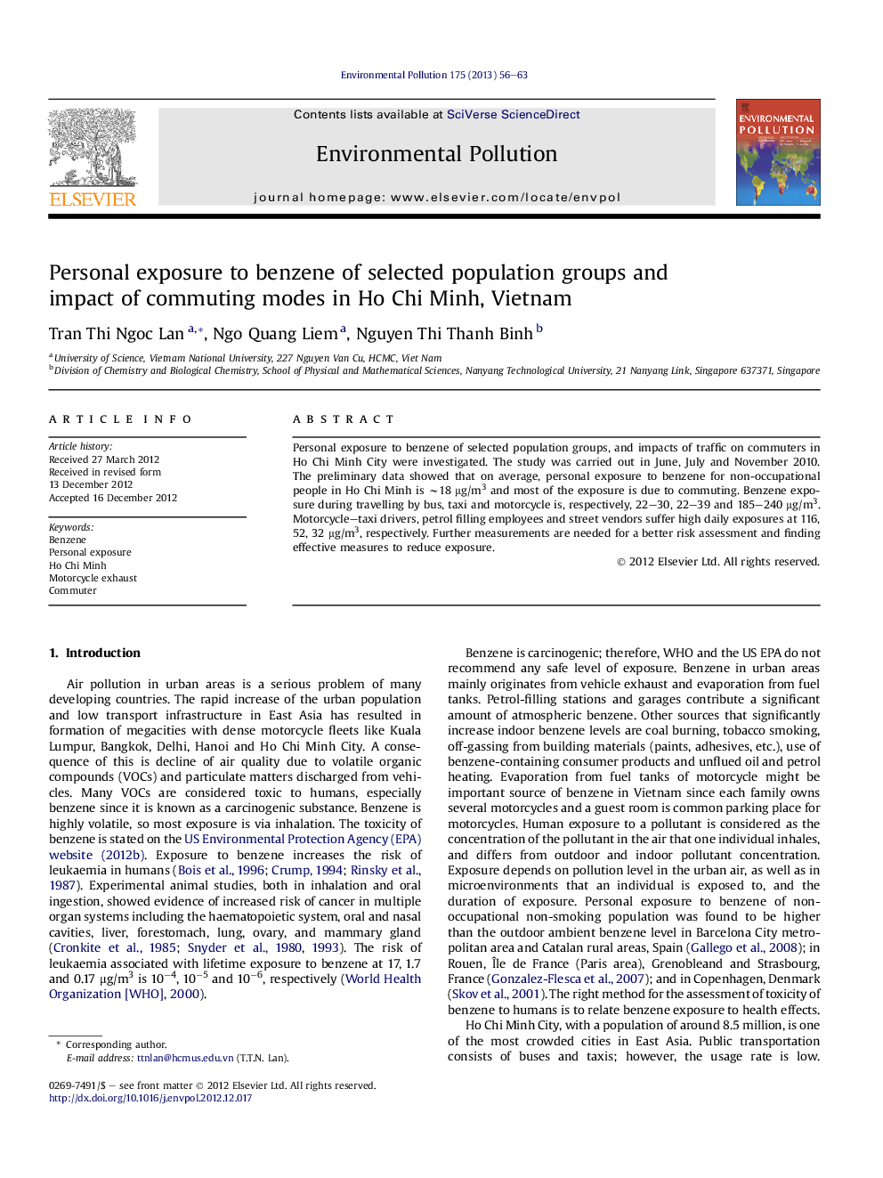 Personal exposure to benzene of selected population groups and impact of commuting modes in Ho Chi Minh, Vietnam