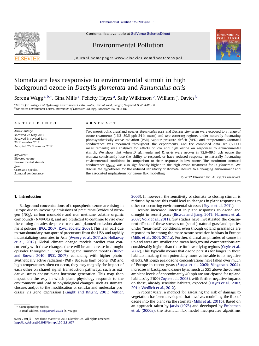 Stomata are less responsive to environmental stimuli in high background ozone in Dactylis glomerata and Ranunculus acris